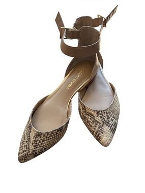 Arturo Chiang Snake-Print Ankle Strap Pointed Flats, Size 7